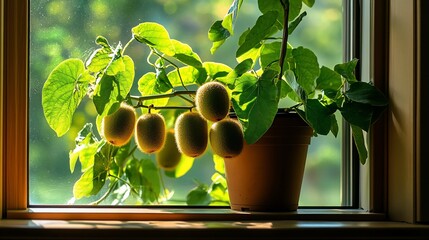 Wall Mural - Sunlit kiwi plant in terracotta pot on windowsill.