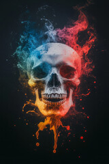 Aufkleber - A vibrant abstract artwork featuring a human skull with dynamic paint splashes in complementary colors, set against a dark, moody background for contrast,