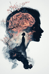 Poster - A creative digital artwork featuring a silhouette of a woman surrounded by blooming flowers and swirling smoke patterns forming a brain-like structure in the background,