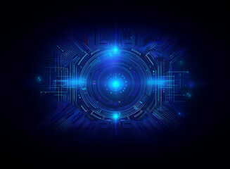 Aufkleber - Abstract digital art depicting a glowing blue futuristic circuit board.  The central element is a concentric circle with radiating lines, suggestive of technological innovation and energy.