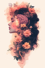 Aufkleber - A dreamy abstract artwork featuring a woman with cascading flowers and delicate smoke waves forming intricate brain patterns in the background, symbolizing thought and beauty,