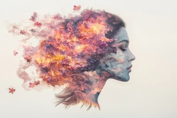 Poster - An abstract creative depiction of a woman with floral motifs blending into her silhouette, against a backdrop of smoky, brain-like abstract shapes and vibrant colors,