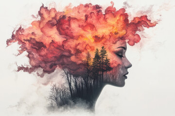 Aufkleber - An abstract creative depiction of a woman with floral motifs blending into her silhouette, against a backdrop of smoky, brain-like abstract shapes and vibrant colors,