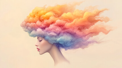Aufkleber - A creative digital painting of a woman intertwined with blooming flowers, her thoughts visualized as colorful smoke merging into an abstract brain backdrop,
