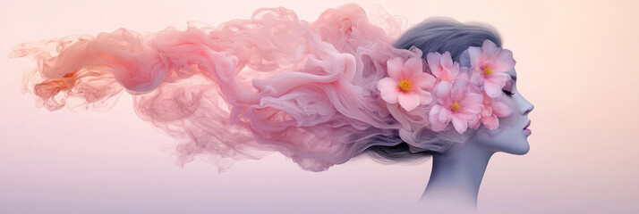 Poster - A captivating abstract artwork featuring a woman adorned with blooming flowers, her thoughts represented by swirling smoke forming intricate brain patterns behind her,