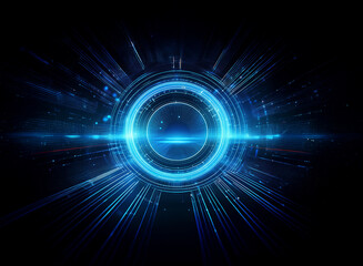 Aufkleber - Abstract futuristic blue circle glowing in dark space.  Light streaks radiate outwards creating a sense of speed and energy.  Digital technology, interface, science fiction.
