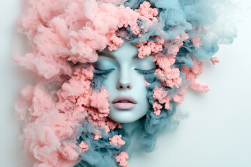Poster - An artistic representation of a woman surrounded by colorful flowers and ethereal smoke, with abstract brain shapes blending seamlessly into the background,