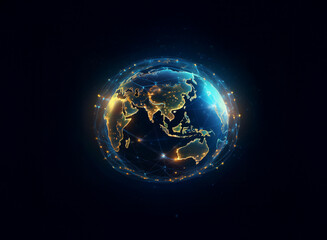 Poster - A glowing, digital representation of Earth, encased in a network of interconnected lines, symbolizing global connectivity and digital transformation.