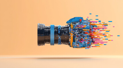 Aufkleber - A stylish abstract blue pix camera icon, with pixelated elements blending seamlessly into a sleek, modern design,