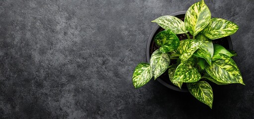 Sticker - Top view of a potted green plant with variegated leaves on a dark gray surface.