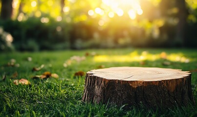Poster - Tree stump in sunny park, grass, leaves, bokeh background.