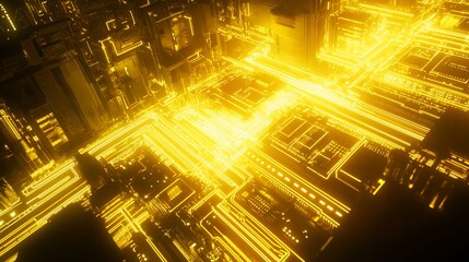 Aufkleber - Glowing golden futuristic city, abstract network, digital technology, illuminated lines, modern architecture, bright pathways, complex system, grid, lines, abstract background,  cyberpunk.