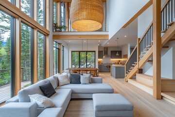 Aufkleber - Modern, spacious living room with high ceilings, large windows, light wood floors, and a comfortable sectional sofa.