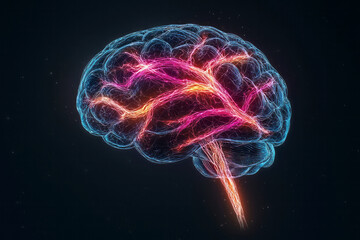 Poster - A contemporary digital artwork showing a human brain with animated, colorful neural pathways growing and strengthening, symbolizing the essence of neuroplasticity,