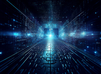 Fototapete - A glowing digital tunnel composed of data streams and puzzle pieces leads to a bright, central screen.  It symbolizes technological advancement and interconnectedness.