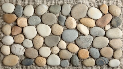 Poster - Flat lay of smooth, multicolored stones arranged on burlap fabric.