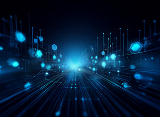Fototapete - Abstract digital highway of glowing blue lines and hexagons receding into a bright horizon.  Represents futuristic technology, data flow, and digital innovation.