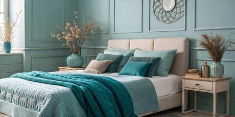 Wall Mural - Modern bedroom with teal accents, featuring Transformative Teal, the 2026 color of the year.