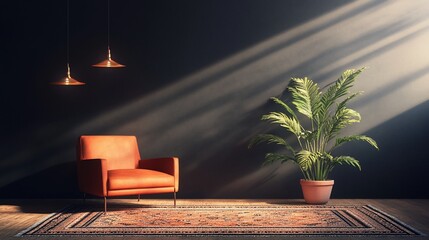 Poster - Sunlit room interior with armchair, plant, and rug.