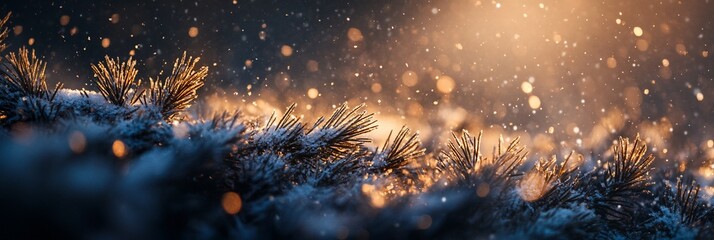 Poster - Snowy pine branches in magical winter light.