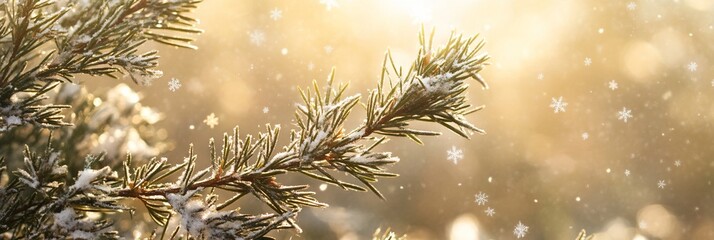 Poster - Snow-covered pine branch in soft sunlight.