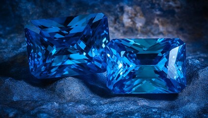 Aufkleber - Two vibrant blue gemstones, emerald-cut, rest on a dark, textured surface.