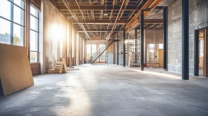 Aufkleber - Sunlit empty interior of a building under construction, showing exposed beams, concrete floor, and scaffolding.