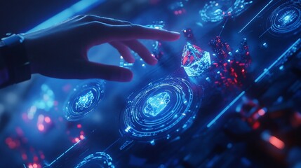 Fototapete - Hand interacting with futuristic holographic interface displaying data, gems, and glowing circles.
