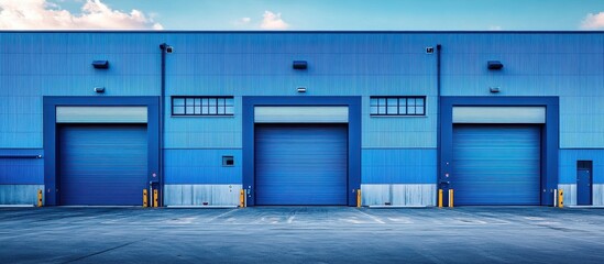 Wall Mural - Modern Industrial Warehouse Exterior with Blue Facade and Large Rolling Doors Under Clear Sky