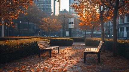 Leinwandbilder - Two empty park benches amidst fallen autumn leaves, city skyline backdrop.