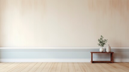 Aufkleber - A white wall with a wooden table and two vases on it. The room is empty and has a minimalist feel. AI generated.