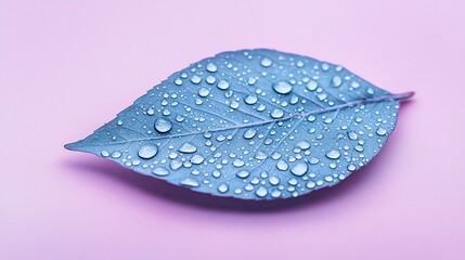 Poster - Dew drops on a single blue leaf against a pink background.