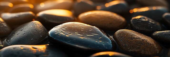 Wall Mural - Close-up of smooth, dark stones illuminated by warm light.