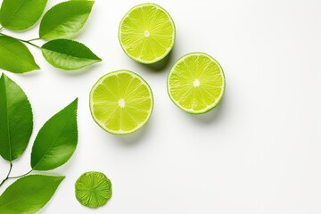 Wall Mural - Isolated top view of halved lime fruits with green leaf on white background