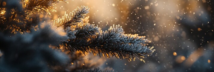 Poster - Frosty pine branch in winter sunlight with falling snow.