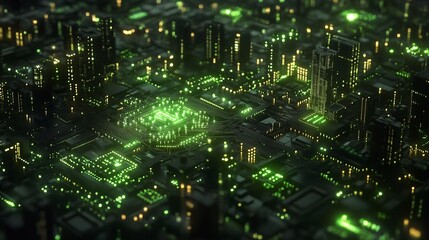 Wall Mural - Futuristic city skyline at night, glowing green circuit board texture.