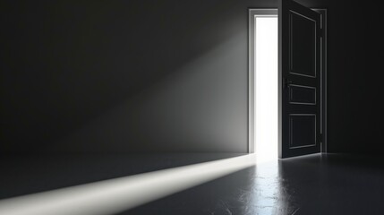 Poster - A door is open in a dark room, with a light shining through the doorway. The room is empty and the light is the only source of illumination. AI generated.