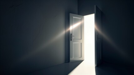 Poster - A door is open in a dark room, letting in a bright light. The scene is mysterious and intriguing, as the light shines through the doorway and illuminates the room. AI generated.