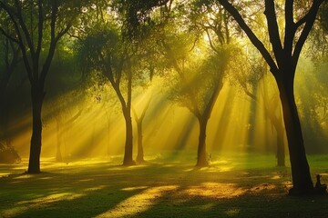 Wall Mural - Sunbeams pierce misty dawn park trees