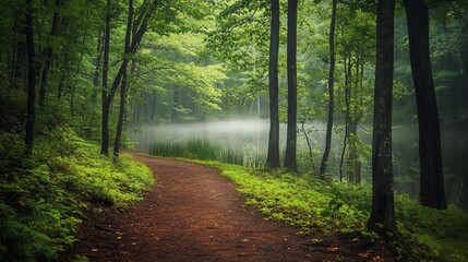 Poster - Misty forest path winds beside a tranquil pond, lush greenery, morning fog.
