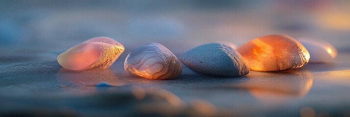 Poster - Smooth, colorful stones arranged on a reflective surface at sunset.