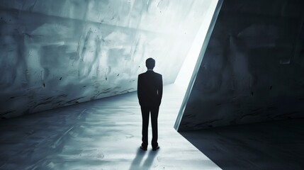 Aufkleber - A man stands in a dark room with a light shining on him. He is wearing a suit and tie. AI generated.