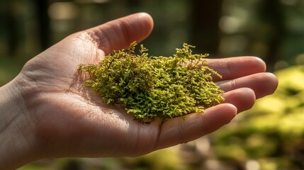 Aufkleber - Hand holding a clump of vibrant green moss against a blurred forest background.