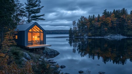 Poster - Modern cabin on tranquil lake at twilight.