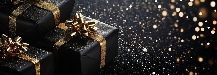 Poster - Elegant black gift boxes with gold ribbons on a sparkling background.