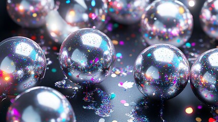 Poster - Shiny silver spheres with colorful glitter on dark background.