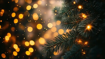 Poster - Festive Christmas tree branch with warm lights and bokeh background.
