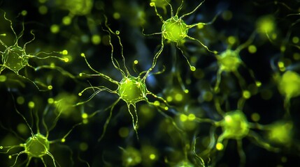 Aufkleber - Microscopic view of glowing green neurons, intricate network, complex connections.