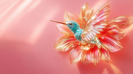 Aufkleber - Hummingbird figurine on iridescent flower, pink background.