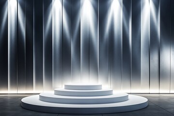 Aufkleber - Illuminated three-tiered white podium on dark background.